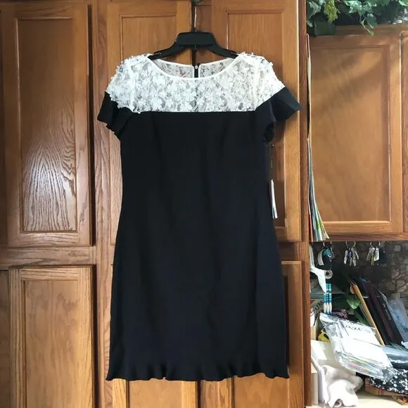 NWT Karl Lagerfeld Paris Black &amp; White Lace Crepe Ruffle Mini Dress - 6