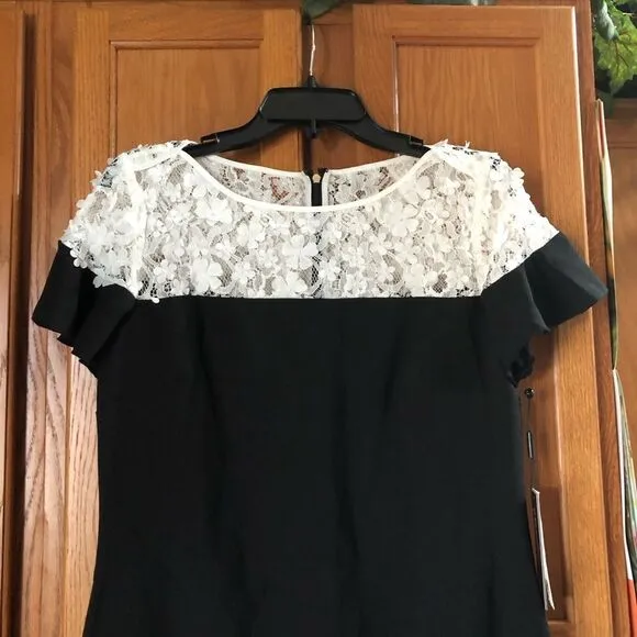 NWT Karl Lagerfeld Paris Black &amp; White Lace Crepe Ruffle Mini Dress - 6
