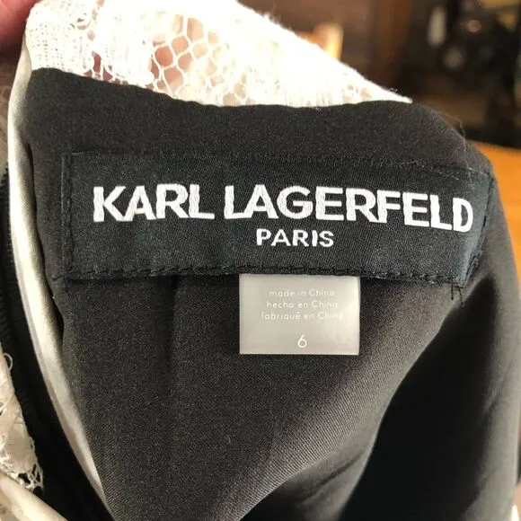 NWT Karl Lagerfeld Paris Black &amp; White Lace Crepe Ruffle Mini Dress - 6