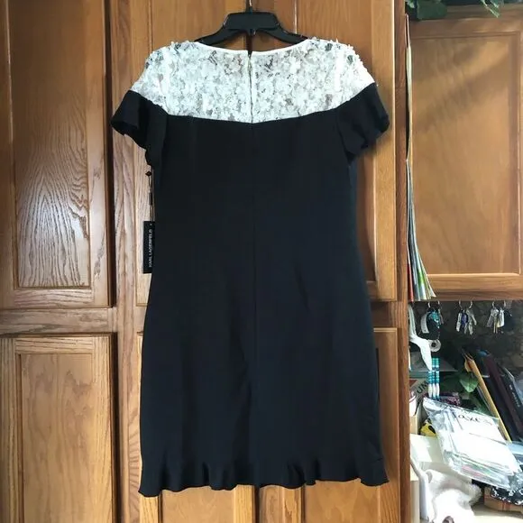NWT Karl Lagerfeld Paris Black &amp; White Lace Crepe Ruffle Mini Dress - 6