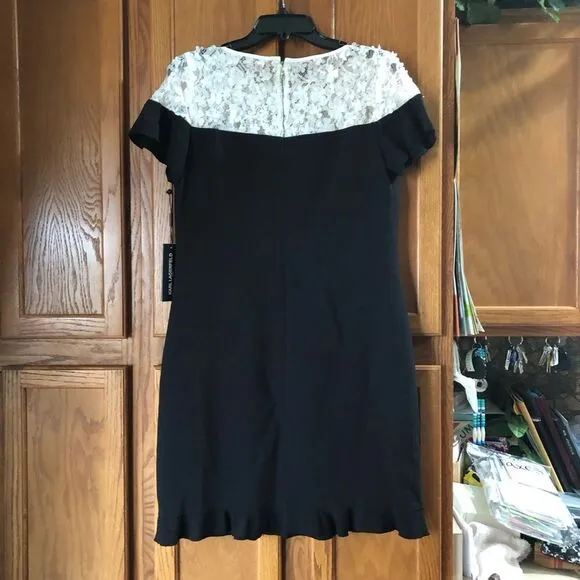NWT Karl Lagerfeld Paris Black &amp; White Lace Crepe Ruffle Mini Dress - 6