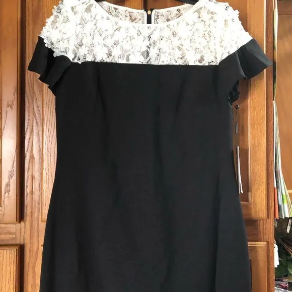 NWT Karl Lagerfeld Paris Black &amp; White Lace Crepe Ruffle Mini Dress - 6