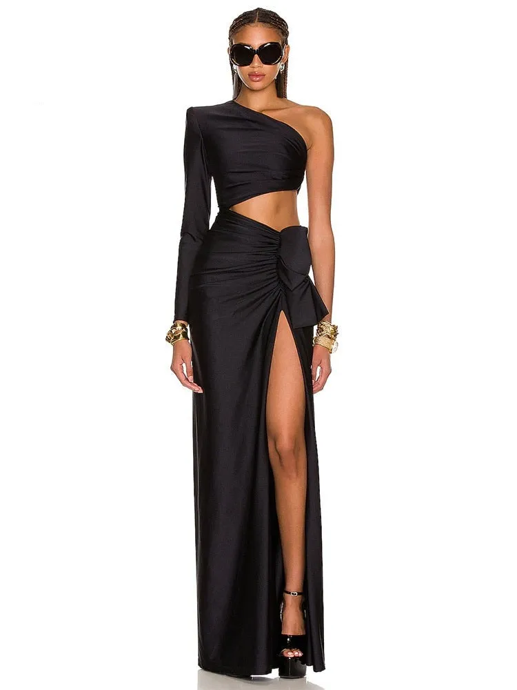 One-Shoulder High Slit Ruched Design Evening Party Dress
