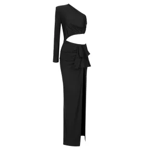 One-Shoulder High Slit Ruched Design Evening Party Dress