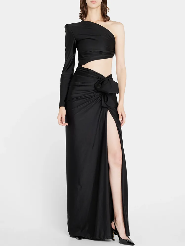One-Shoulder High Slit Ruched Design Evening Party Dress