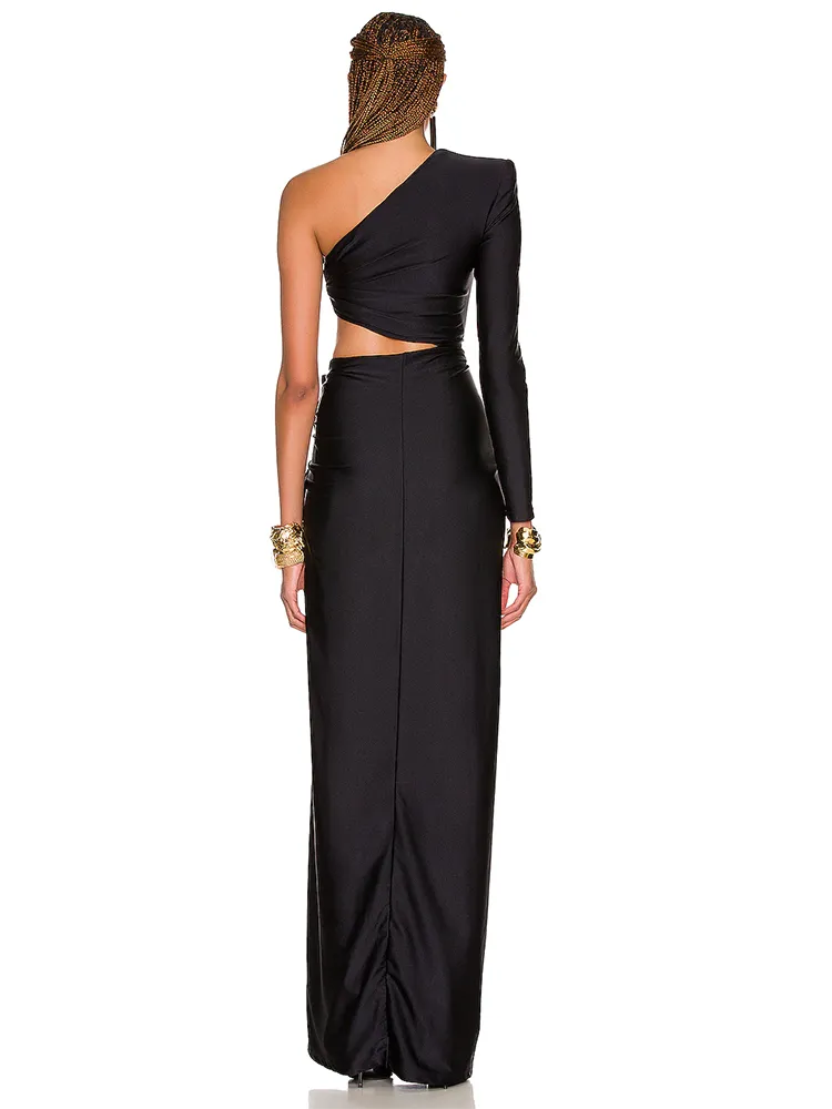One-Shoulder High Slit Ruched Design Evening Party Dress