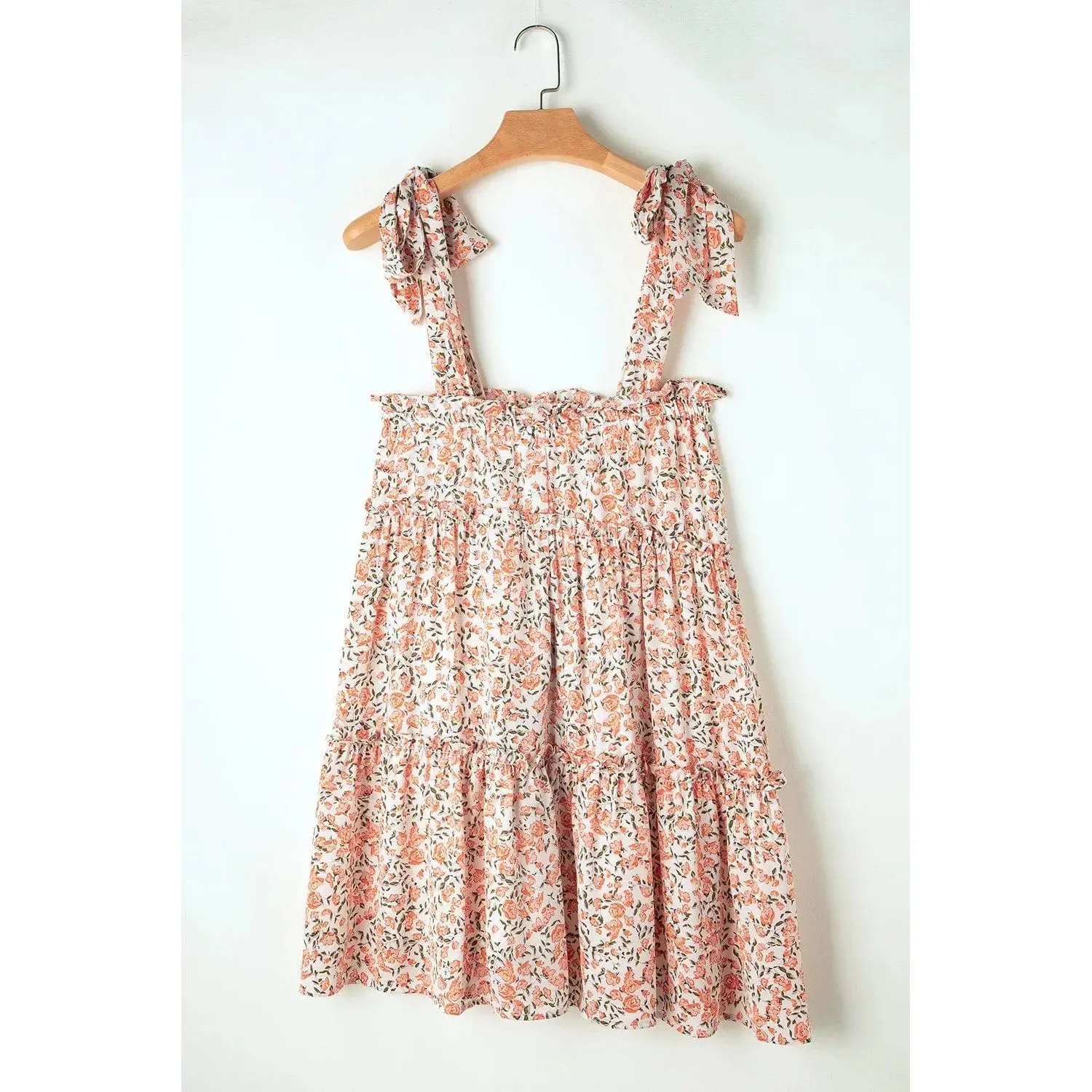 Orange Rose Floral Knotted Straps Tiered Babydoll Dress