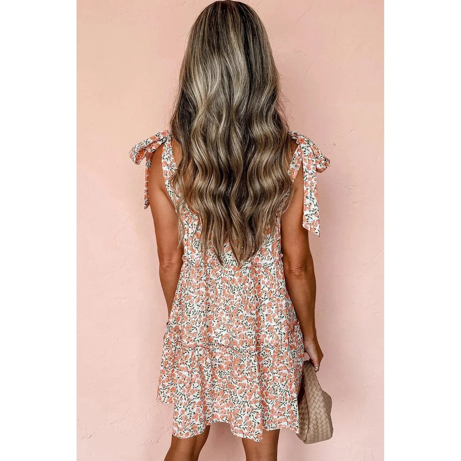 Orange Rose Floral Knotted Straps Tiered Babydoll Dress