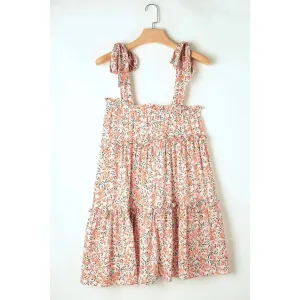 Orange Rose Floral Knotted Straps Tiered Babydoll Dress