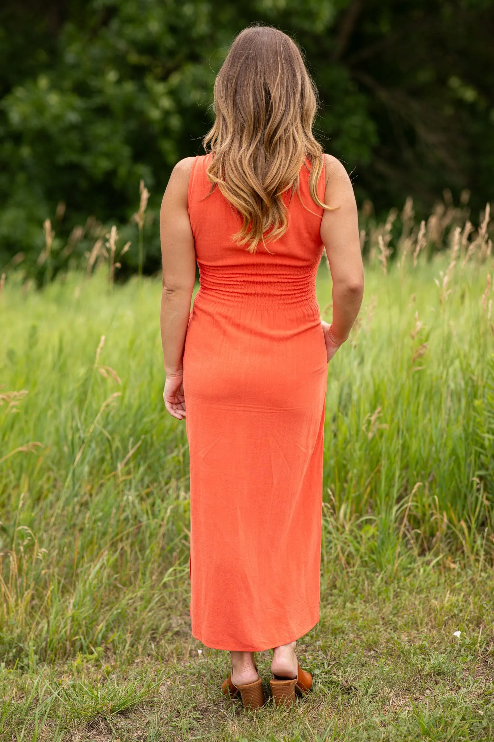 Orange Self Tie Midi Dress With Side Slit