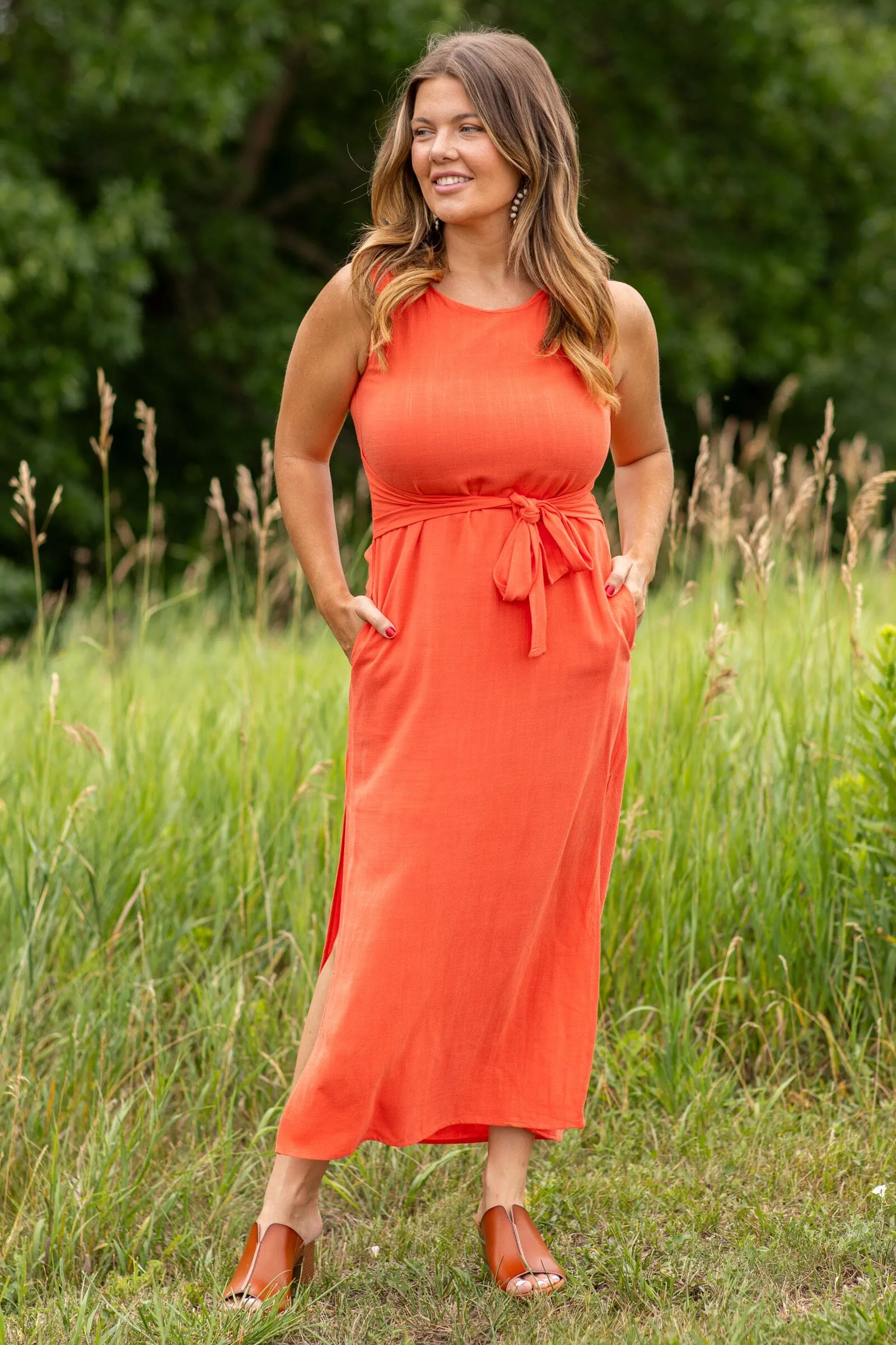 Orange Self Tie Midi Dress With Side Slit