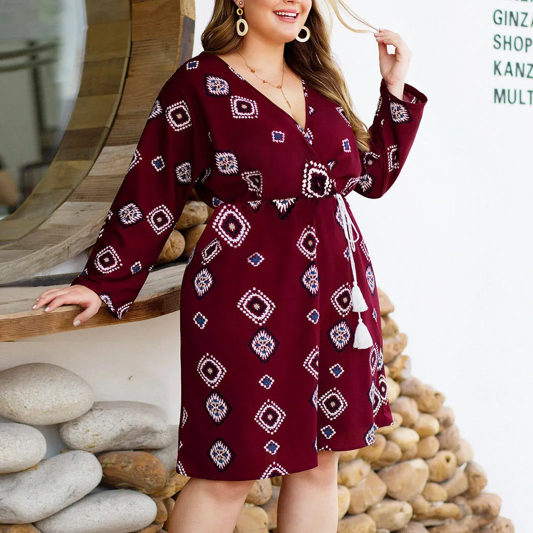 Original Design Retro Floral Deep V-neck Tie Waist Slimming Large Size Women's Dress