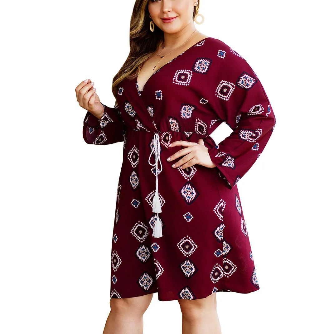 Original Design Retro Floral Deep V-neck Tie Waist Slimming Large Size Women's Dress