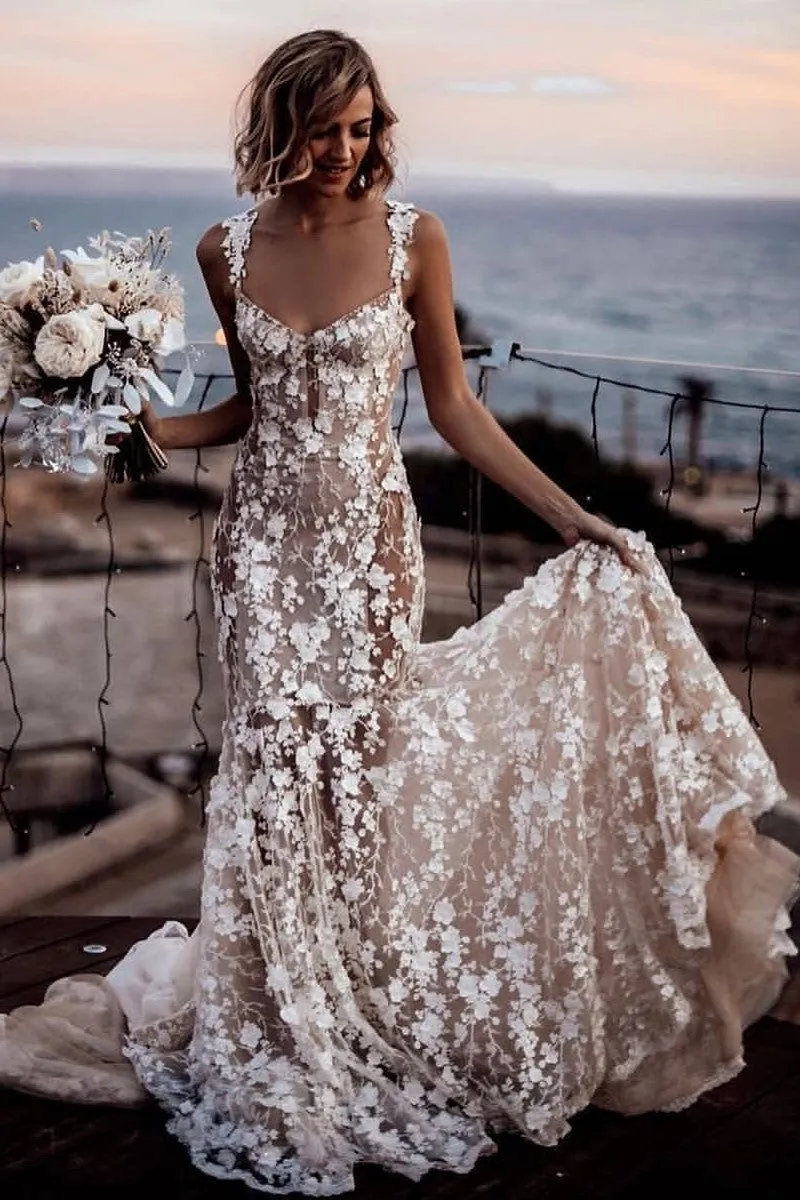 Partial Illusion Floral Lace Dress for Wedding 2020