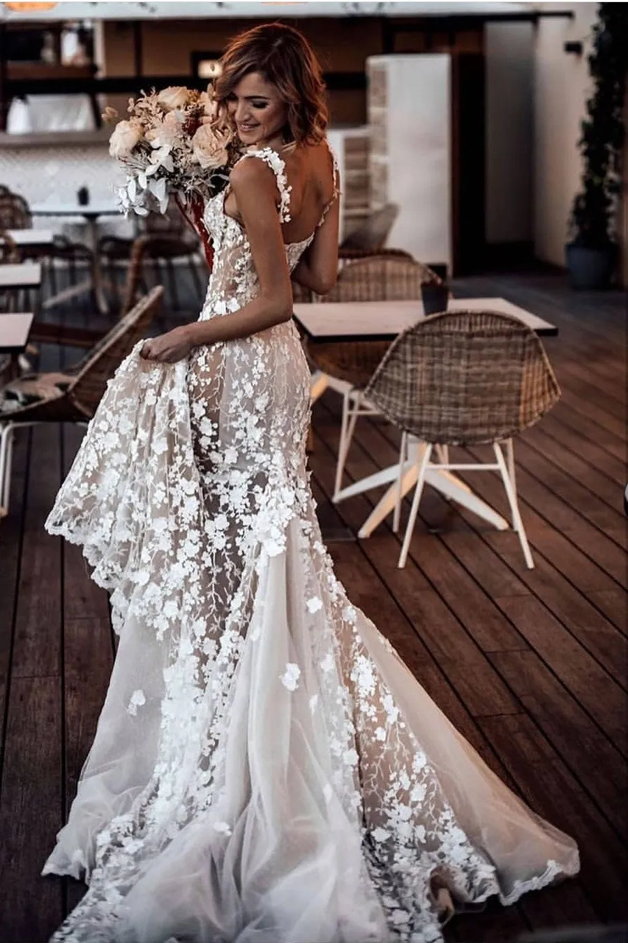 Partial Illusion Floral Lace Dress for Wedding 2020