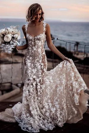 Partial Illusion Floral Lace Dress for Wedding 2020