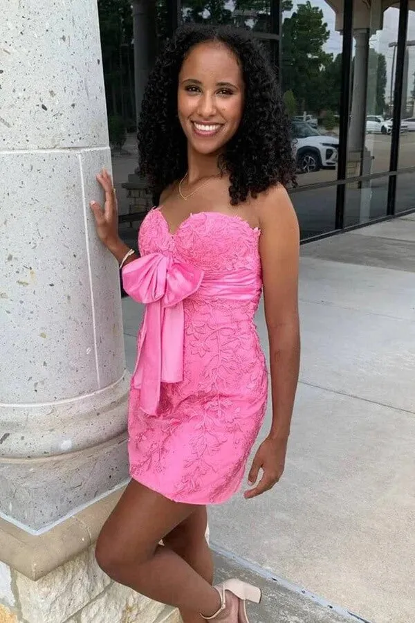 Pink Strapless Sweetheart Homecoming Dresses With Lace Appliques, MH645