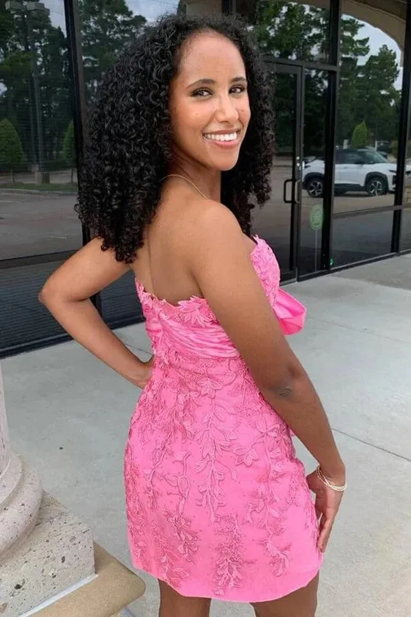 Pink Strapless Sweetheart Homecoming Dresses With Lace Appliques, MH645