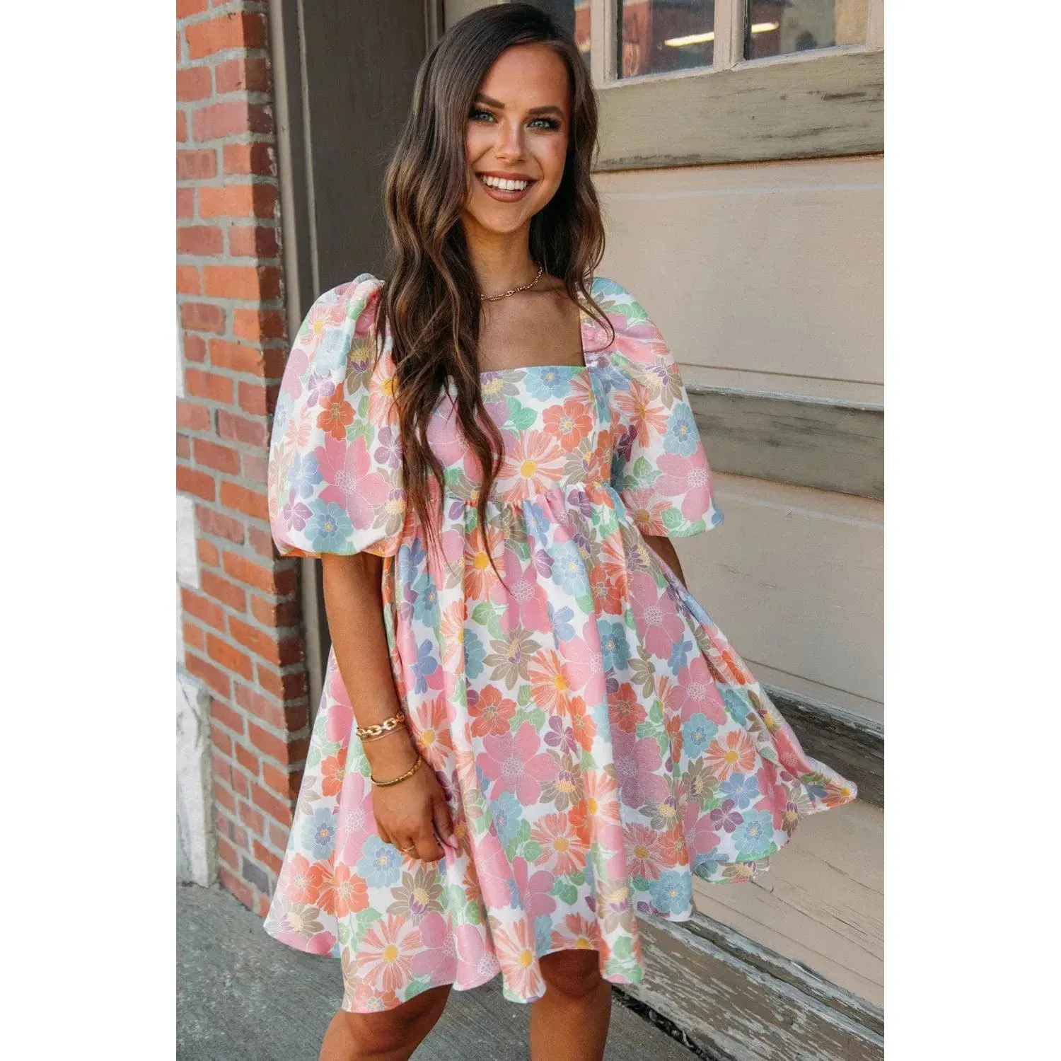 Pink Summer Floral Square Neck Puff Sleeve Babydoll Dress