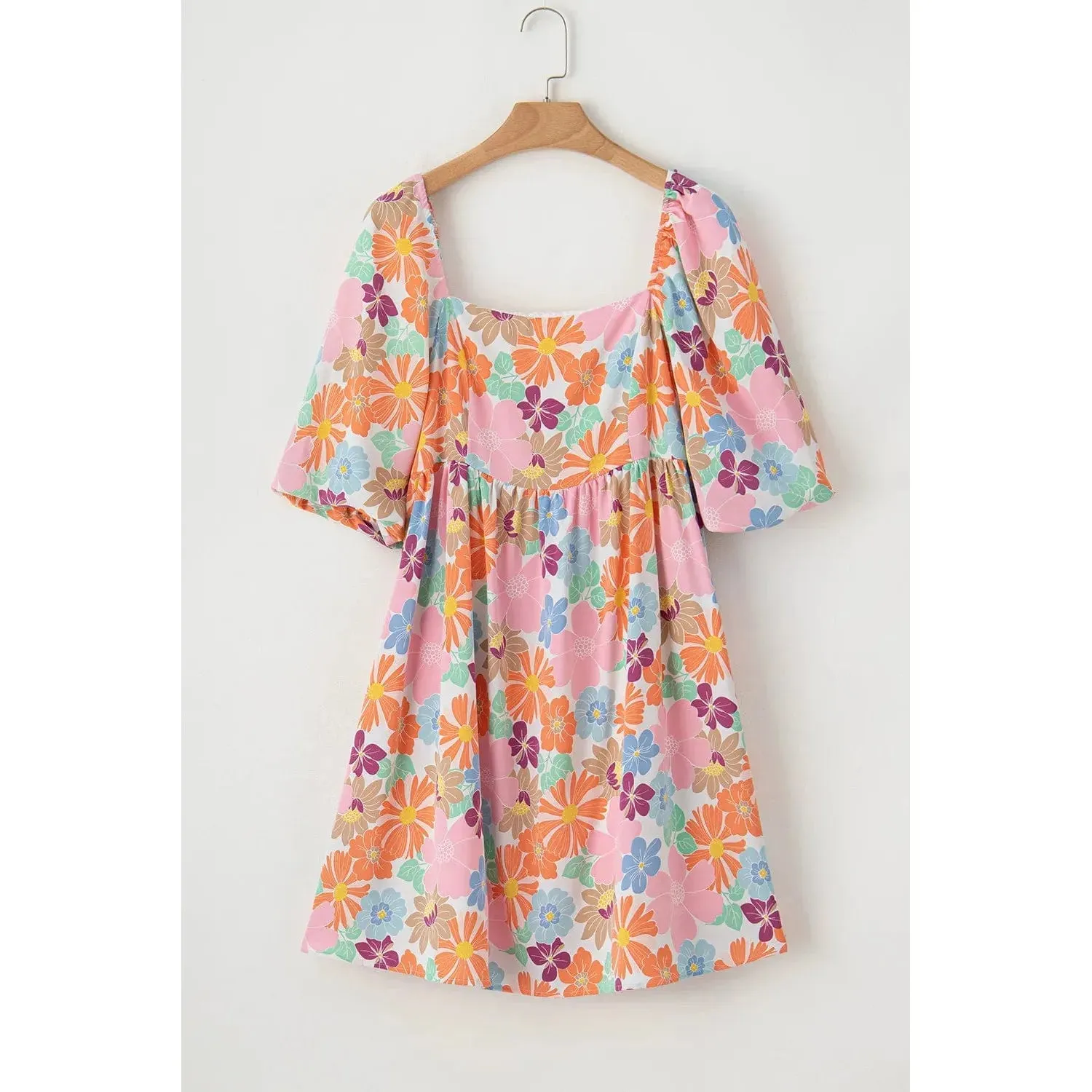 Pink Summer Floral Square Neck Puff Sleeve Babydoll Dress