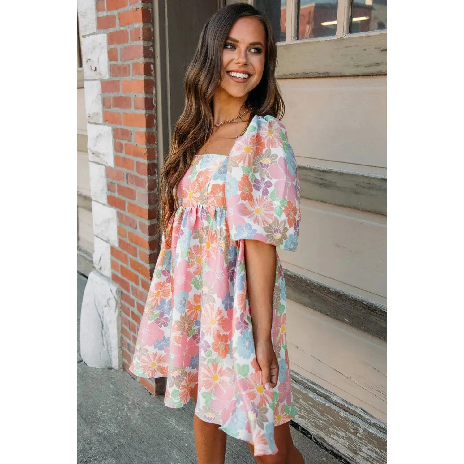 Pink Summer Floral Square Neck Puff Sleeve Babydoll Dress