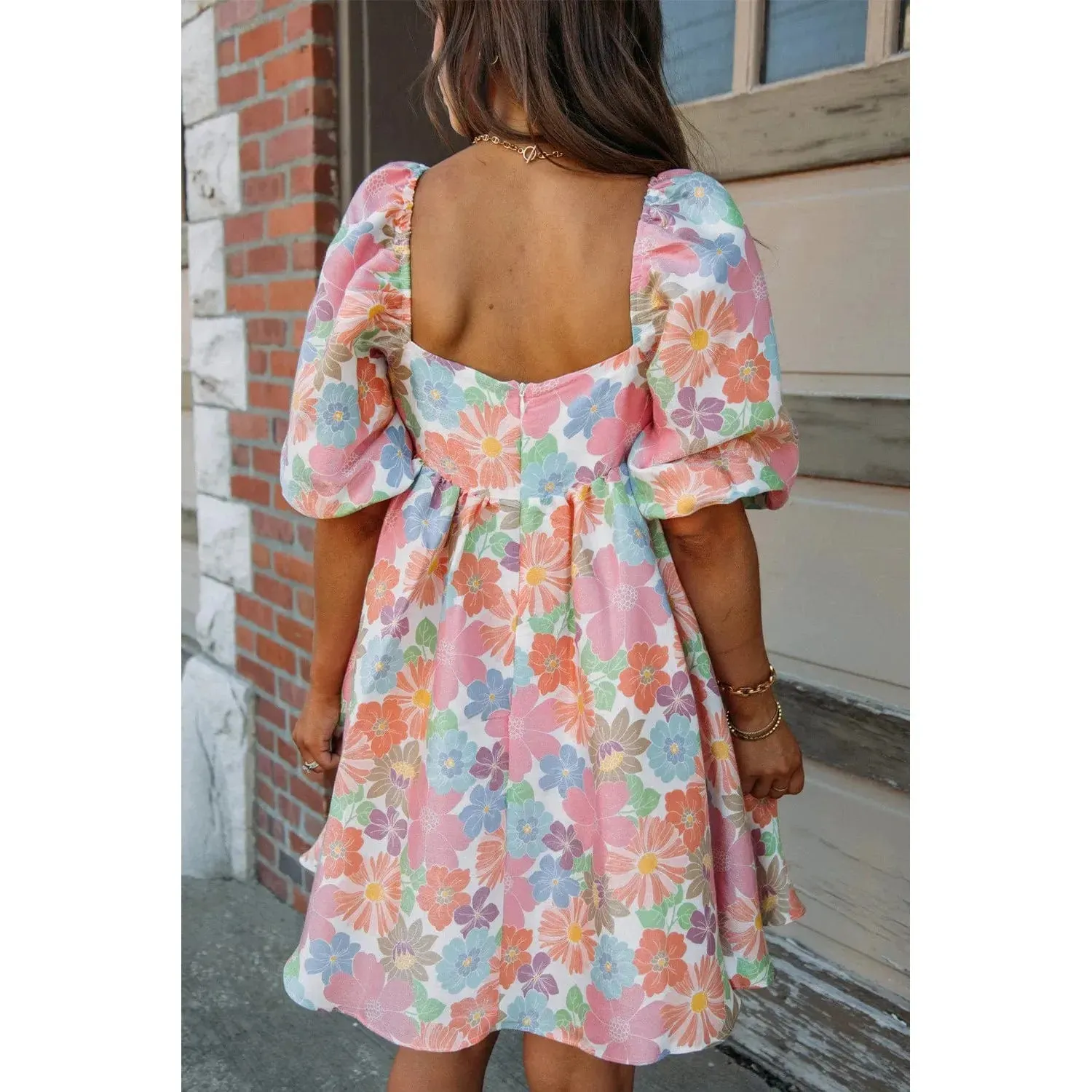 Pink Summer Floral Square Neck Puff Sleeve Babydoll Dress