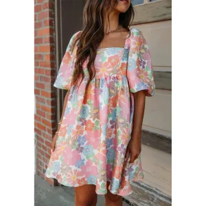 Pink Summer Floral Square Neck Puff Sleeve Babydoll Dress