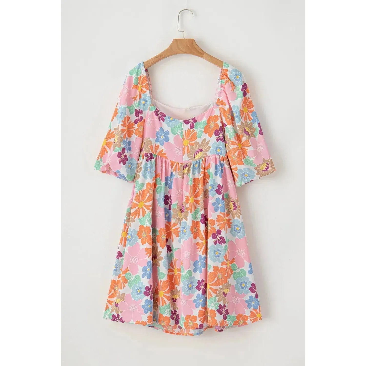 Pink Summer Floral Square Neck Puff Sleeve Babydoll Dress
