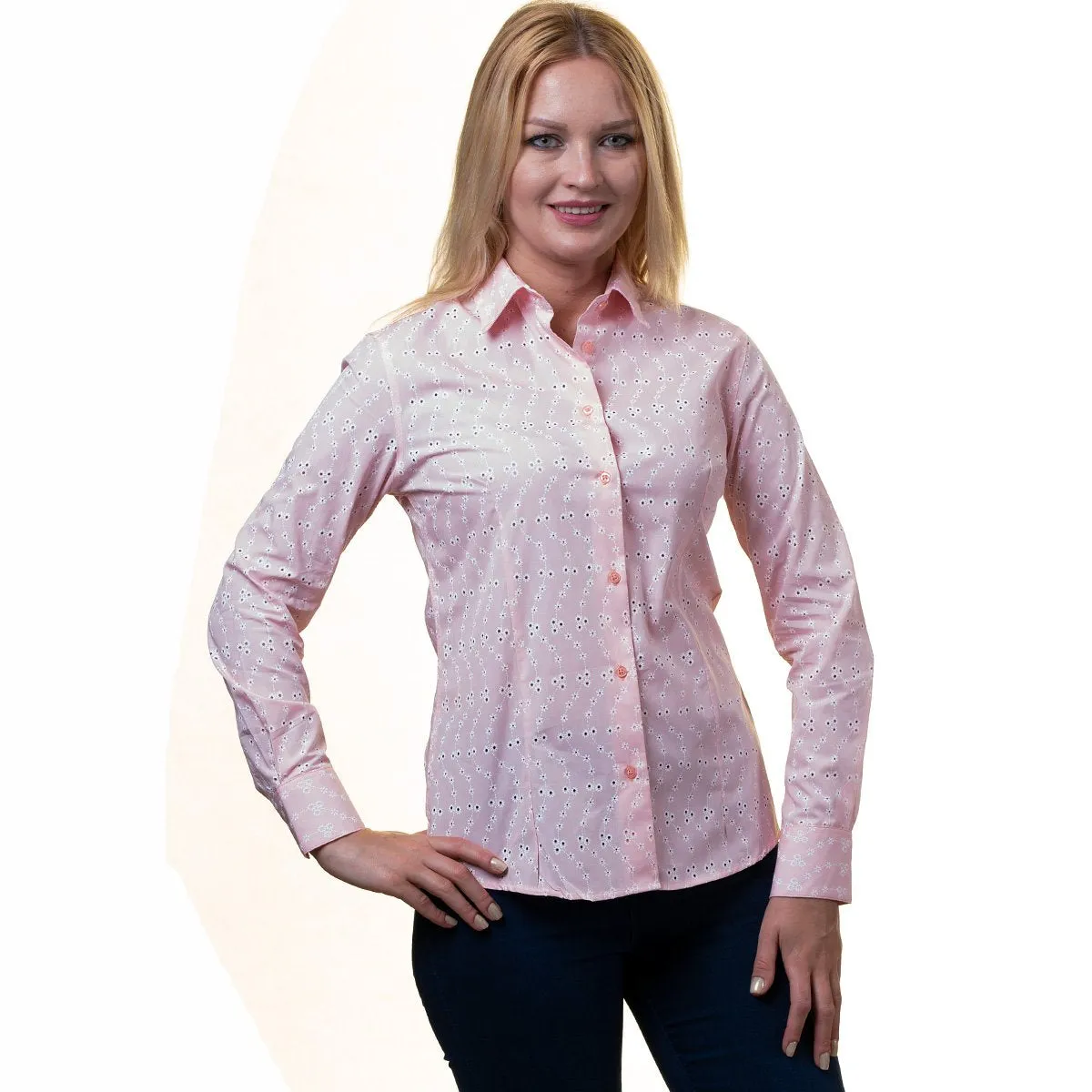 Pink With White Lines Button Up Shirts for Women - Floral Long Sleeve Cotton Shirts for Formal &