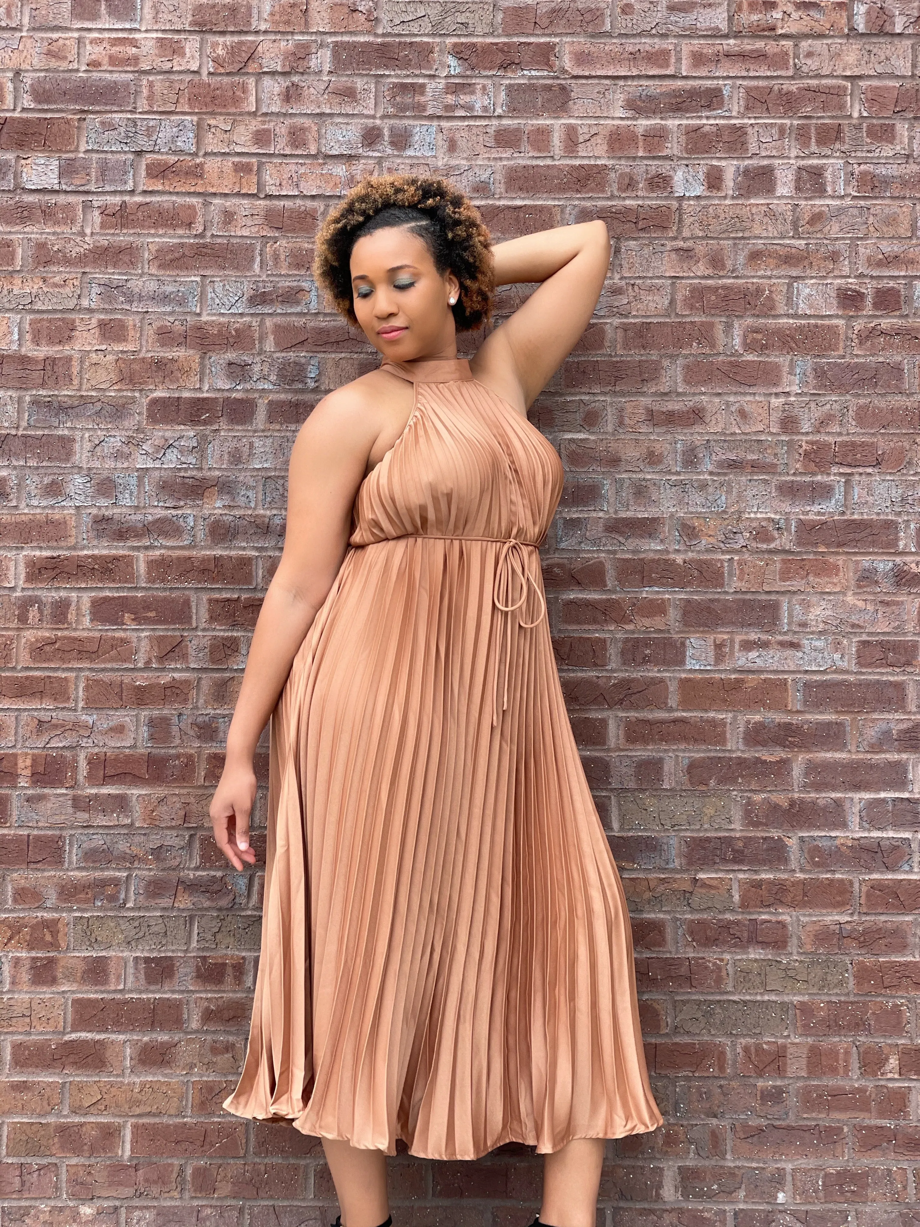Pleated Mock Neck Midi Dress