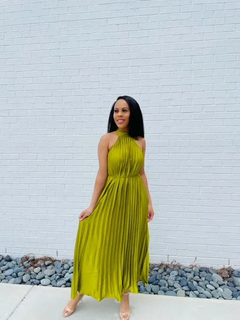 Pleated Mock Neck Midi Dress