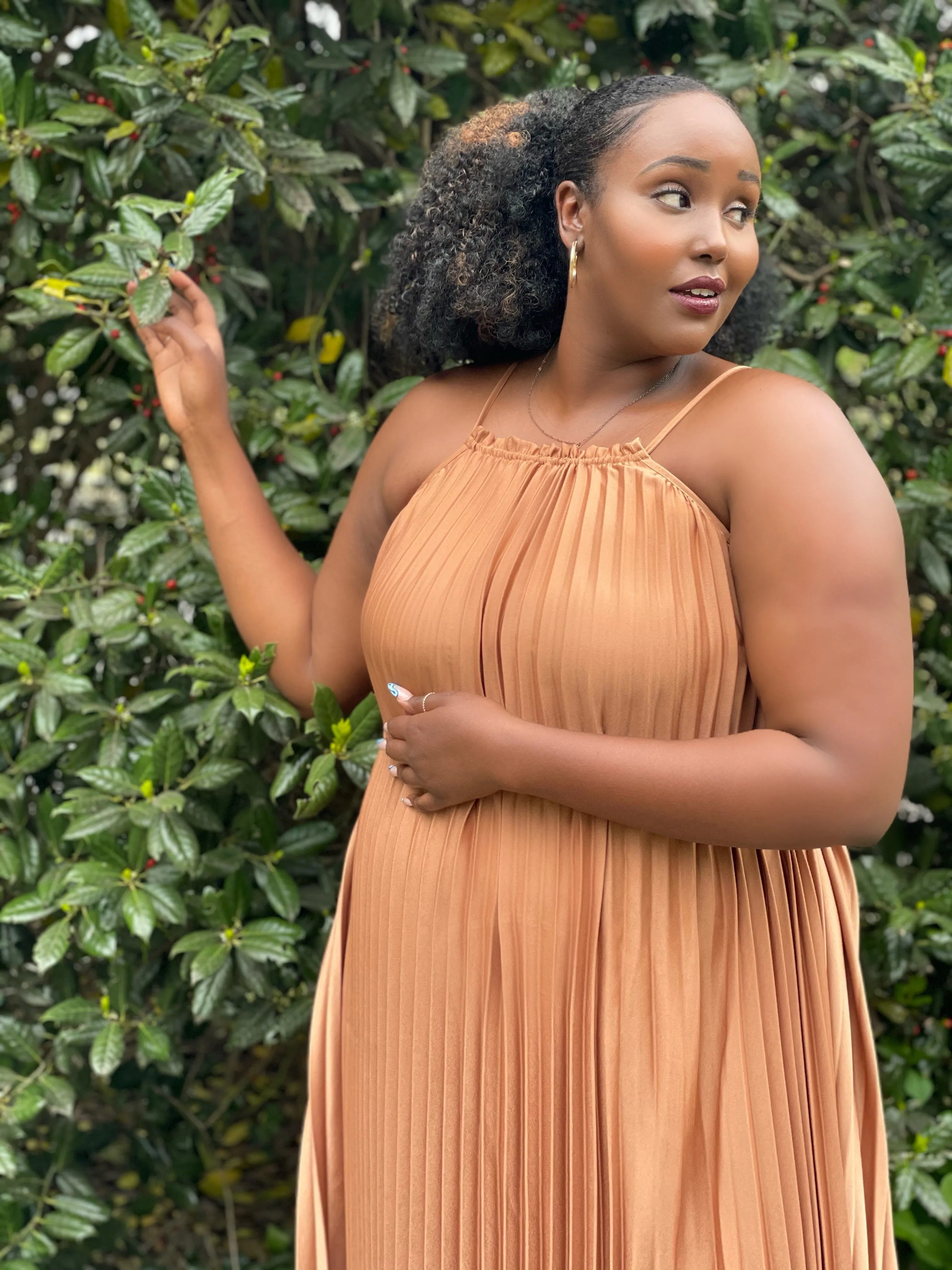 Pleated Mock Neck Midi Dress