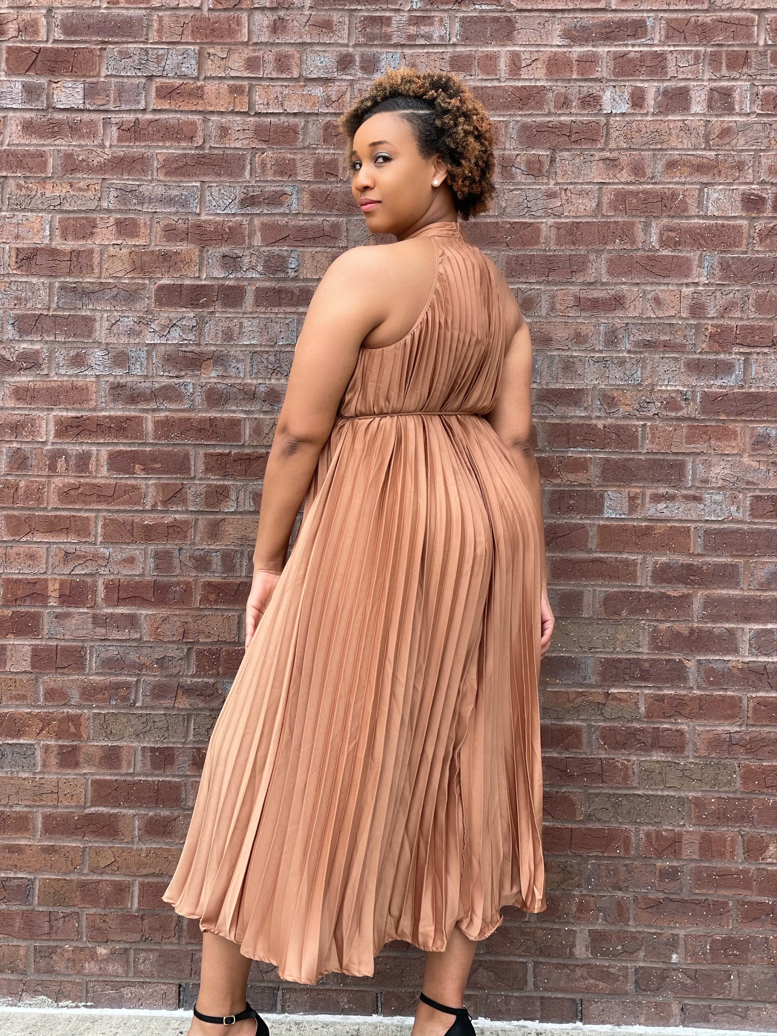 Pleated Mock Neck Midi Dress