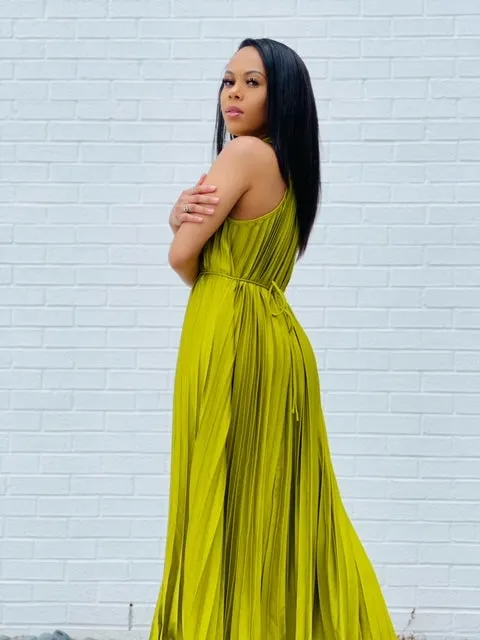 Pleated Mock Neck Midi Dress