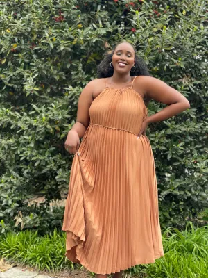 Pleated Mock Neck Midi Dress