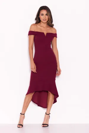 Plum Bardot Fishtail Midi Dress
