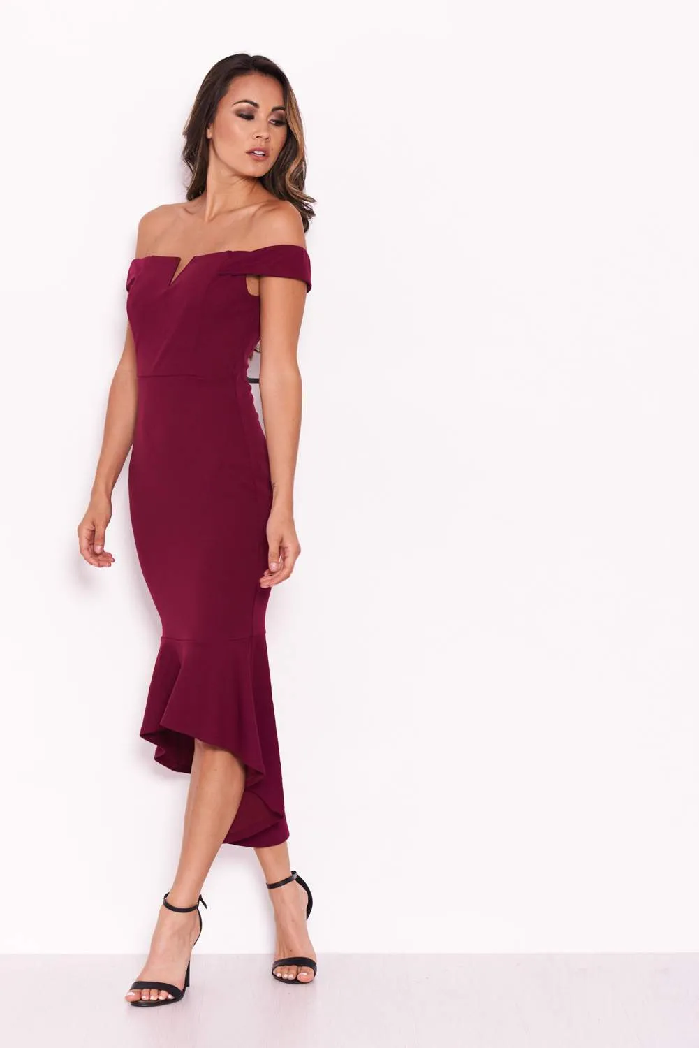 Plum Bardot Fishtail Midi Dress