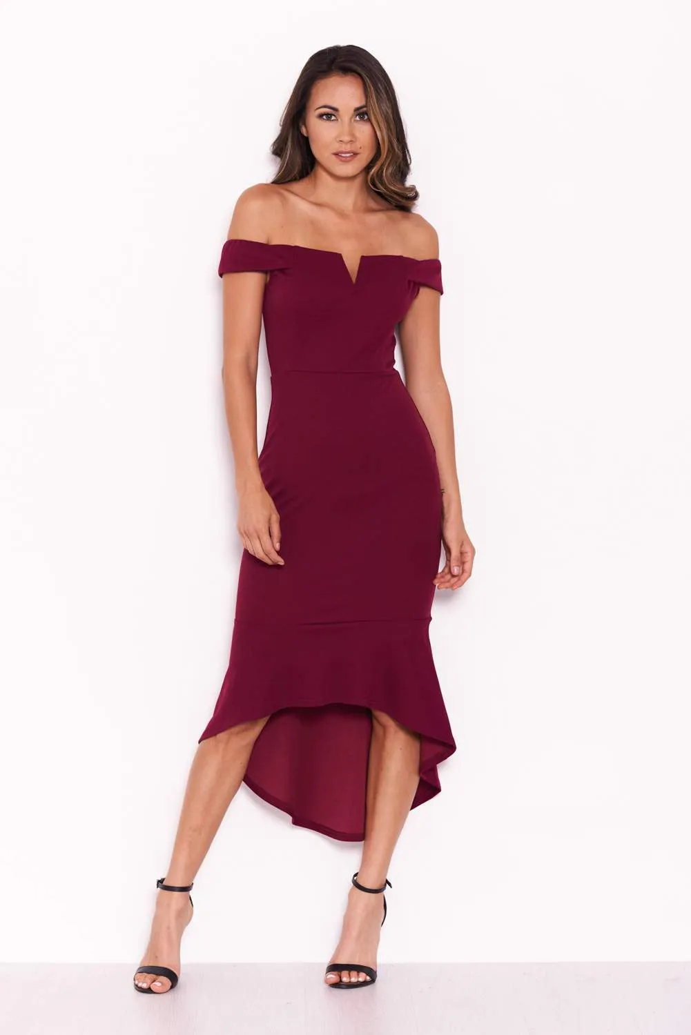 Plum Bardot Fishtail Midi Dress