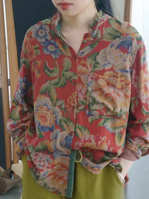 Plus Size Autumn Floral Women Cotton Shirts