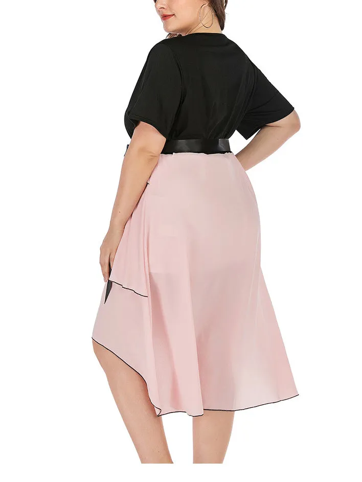 Plus Size Black Short Sleeve Stitching Irregular Dress