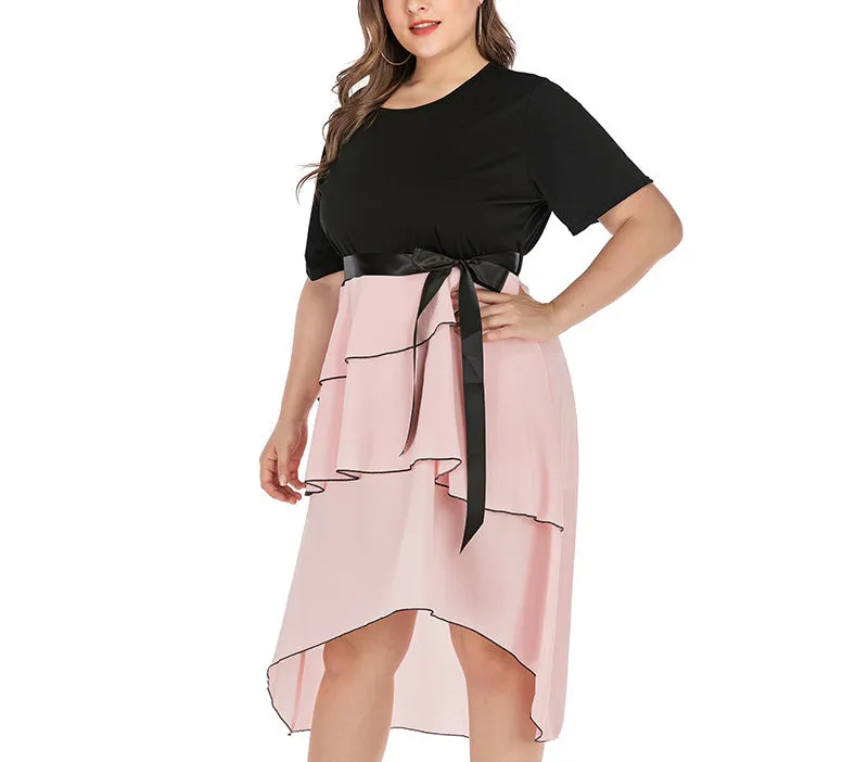 Plus Size Black Short Sleeve Stitching Irregular Dress