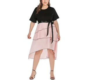 Plus Size Black Short Sleeve Stitching Irregular Dress