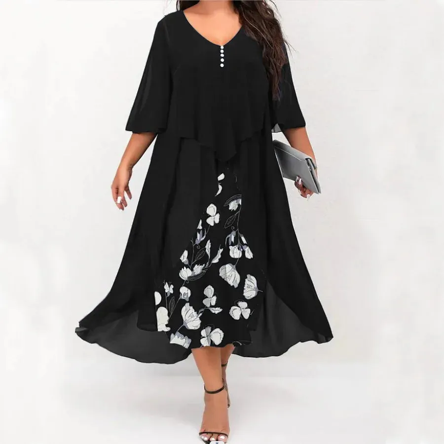 Plus Size Dress Women's Midi V-Neck Floral Print Patchwork Fake Two Piece Dress Plus Sizes Prom Wedding Evening Dress