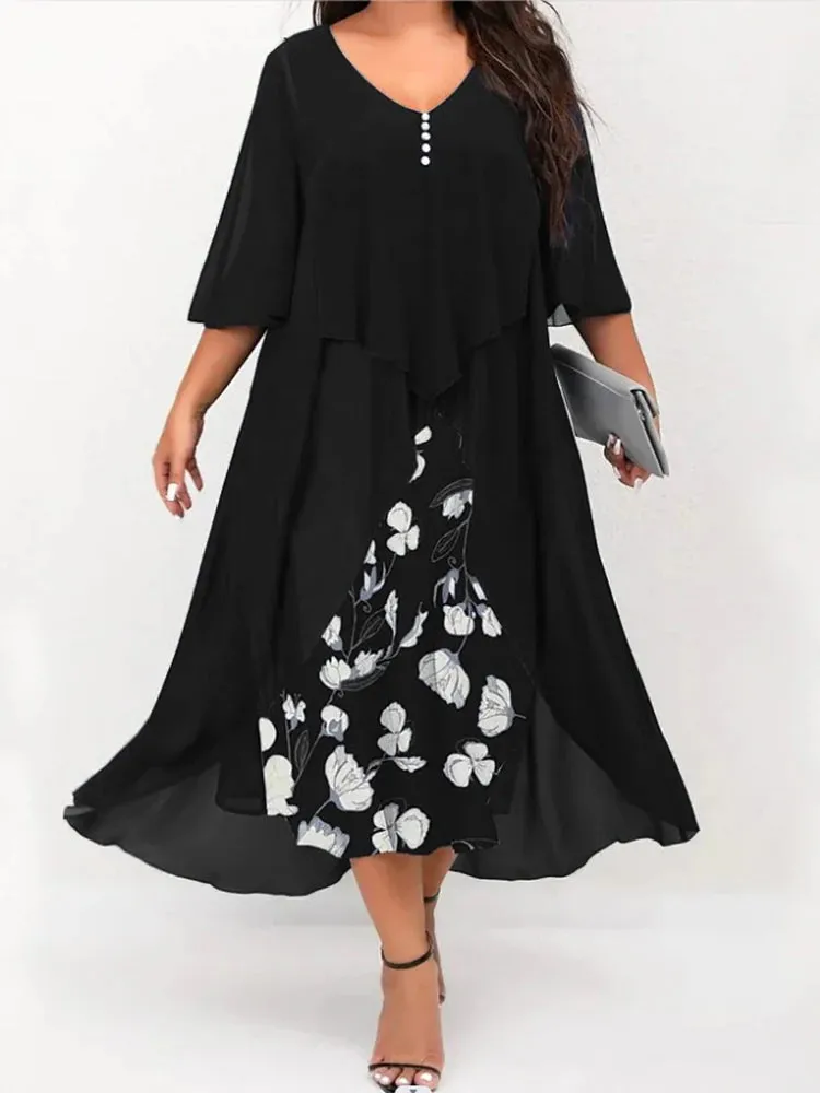Plus Size Dress Women's Midi V-Neck Floral Print Patchwork Fake Two Piece Dress Plus Sizes Prom Wedding Evening Dress