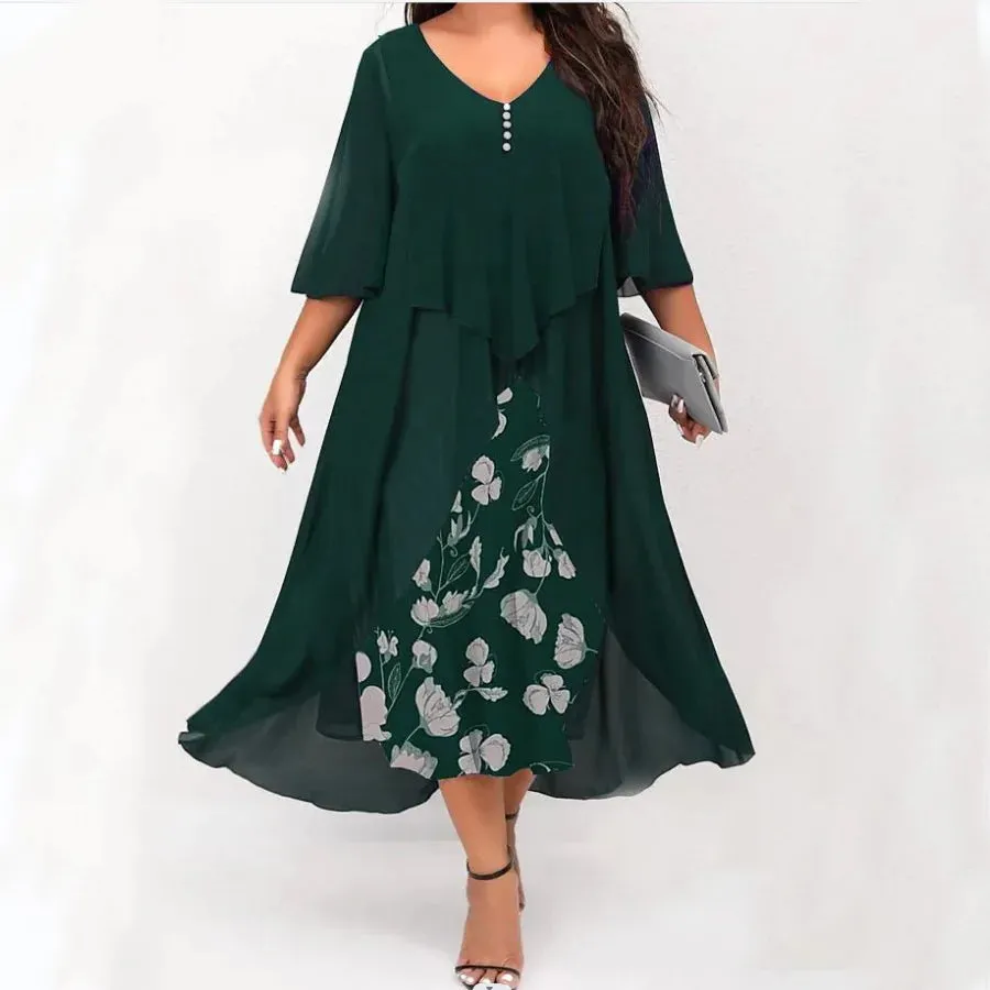 Plus Size Dress Women's Midi V-Neck Floral Print Patchwork Fake Two Piece Dress Plus Sizes Prom Wedding Evening Dress