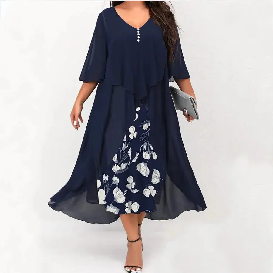 Plus Size Dress Women's Midi V-Neck Floral Print Patchwork Fake Two Piece Dress Plus Sizes Prom Wedding Evening Dress