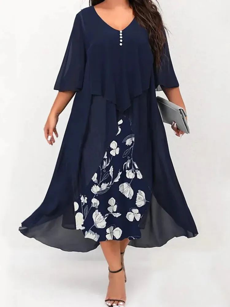 Plus Size Dress Women's Midi V-Neck Floral Print Patchwork Fake Two Piece Dress Plus Sizes Prom Wedding Evening Dress