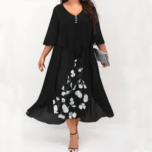 Plus Size Dress Women's Midi V-Neck Floral Print Patchwork Fake Two Piece Dress Plus Sizes Prom Wedding Evening Dress