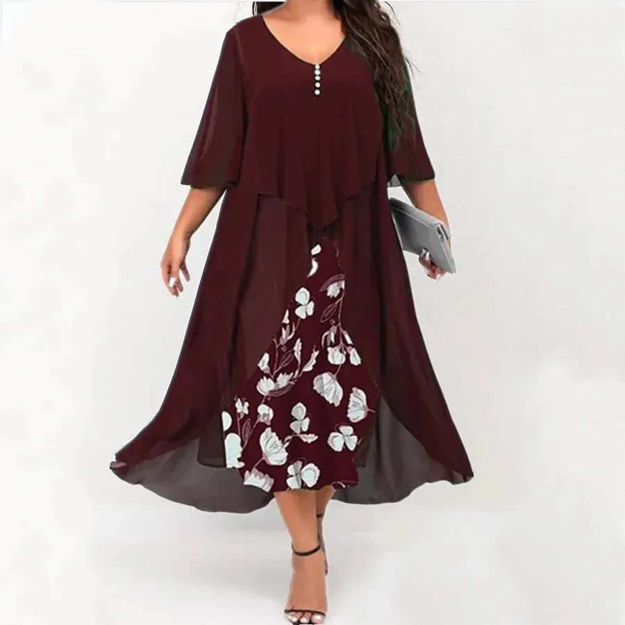 Plus Size Dress Women's Midi V-Neck Floral Print Patchwork Fake Two Piece Dress Plus Sizes Prom Wedding Evening Dress