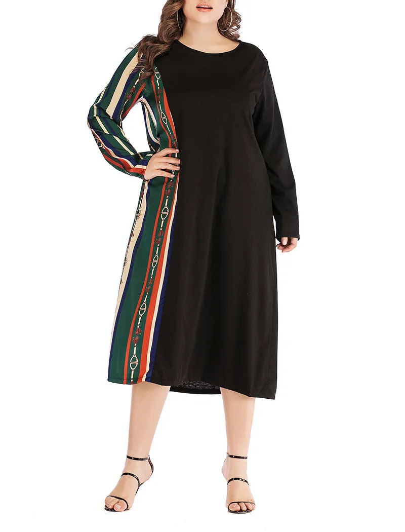 Plus Size Round Neck Long Sleeve Waist Striped Dress